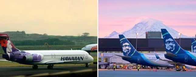 This combination of photos shows a Hawaiian Airlines plane at Kahalui, Hawaii, March 24, 2005, left, and Alaska Airlines planes March 1, 2021, in Seattle. Alaska Airlines announced Sunday, Dec. 3, 2023, that it will buy Hawaiian Airlines for $1.9 billion. That&#39;s raising questions about how antitrust regulators will view the deal, and whether past airline mergers have hurt consumers. (AP Photo/Lucy Pemoni, Ted S. Warren)