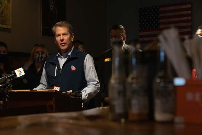 Georgia Gov. Brian Kemp speaks at a news conference about the state’s new Election Integrity Law that passed this week at AJ’s Famous Seafood and Poboys on April 10, 2021, in Marietta, Georgia. 