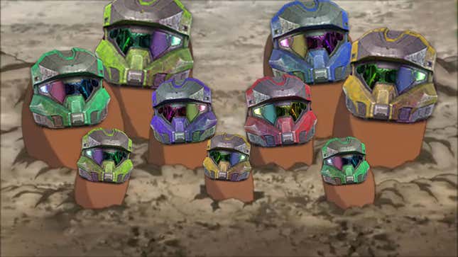 Several Digletts emerge from the ground while wearing helmets from Halo.