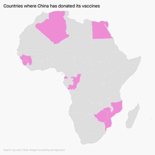 A map showing the few countries in Africa to whom China has donated vaccines.