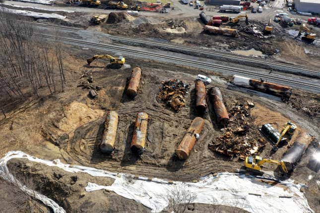 FILE - A view of the scene Friday, Feb. 24, 2023, as the cleanup continues at the site of a Norfolk Southern freight train derailment that happened on Feb. 3 in East Palestine, Ohio. Norfolk Southern alone will be responsible for paying for the cleanup after last year&#39;s fiery train derailment in eastern Ohio, a federal judge ruled, Wednesday, March 6, 2024. (AP Photo/Matt Freed, File)