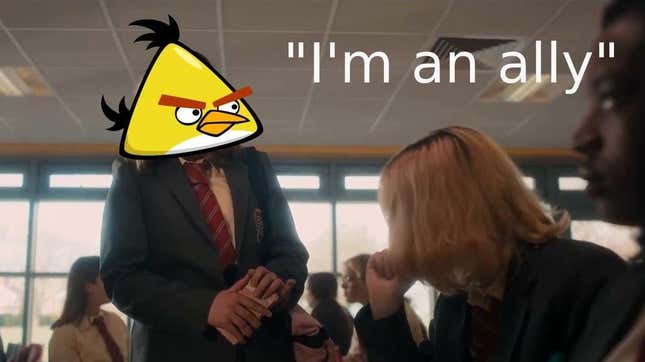 Chuck from Angry Birds photoshopped over the "I'm an ally" scene from Heartstopper.