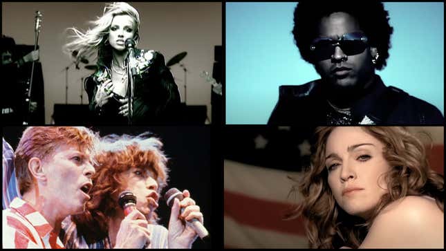 Clockwise from top left: Britney Spears, “I Love Rock N Roll” (Screenshot: YouTube); Lenny Kravitz, “American Woman” (Screenshot: YouTube); Madonna, “American Pie” (Screenshot: YouTube); David Bowie and Mick Jagger perform “Dancing In The Street” on June 20, 1986. (Photo: Brian Cooke/Redferns)