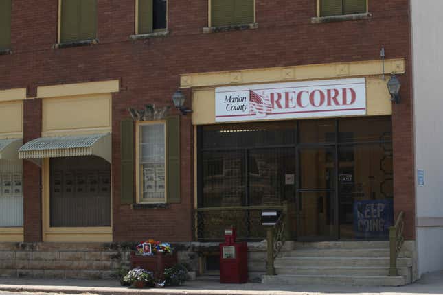 FILE - The offices of the Marion County Record weekly newspaper sit across the street from the Marion County, Kan., Courthouse, Aug. 21, 2023, in Marion, Kan. A reporter for the weekly Kansas newspaper raided last year by police filed a federal lawsuit against the city and current and former local officials over what she says are medical and mental health problems stemming from it. Marion County Record Reporter Phyllis Zorn is seeking $950,000 in damages in her federal lawsuit. (AP Photo/John Hanna, File)