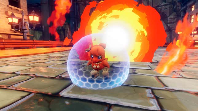 A red Chocobo in Square Enix's kart racer, Chocobo GP, trying to escape a big fireball chasing it.