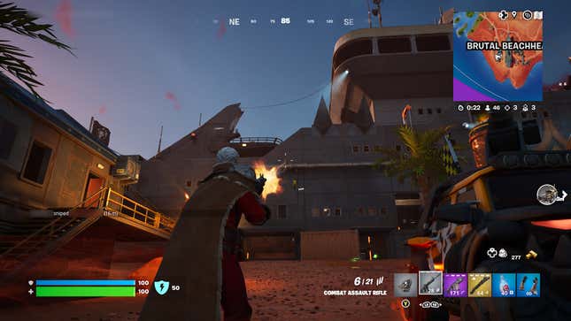 A Fortnite player dressed as Magneto opens fire on a ship.