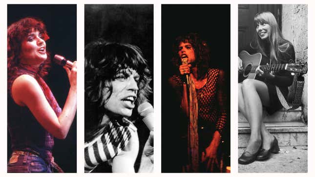 L-R: Linda Ronstadt (Michael Ochs Archives/Getty Images), Mick Jagger ( Evening Standard/Getty Images), Steven Tyler (Laurance Ratner/WireImage), Joni Mitchell (Central Press/Hulton Archive/Getty Images)