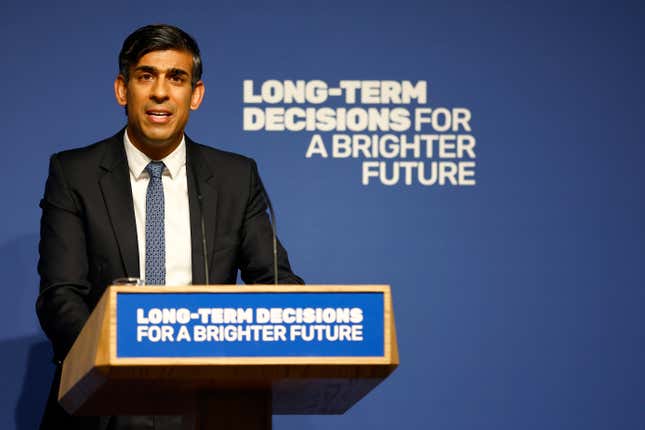 Britain&#39;s Prime Minister Rishi Sunak delivers a speech on AI at Royal Society, Carlton House Terrace, London, Thursday Oct. 26, 2023. The UK will host the first AI Safety Summit on Nov. 1 and 2 where world leaders and tech firms will convene to discuss the growing impact of AI. (Peter Nicholls/Pool via AP)