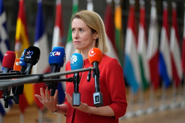 Estonia&#39;s Prime Minister Kaja Kallas speaks with the media as she arrives for an EU summit at the European Council building in Brussels, Friday, Oct. 27, 2023. European Union leaders conclude a second day of meetings on Friday in which they will discuss, among other issues, migration. (AP Photo/Virginia Mayo)