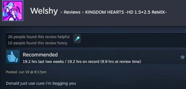 A Steam review reading "Donald just user cure i'm begging you."