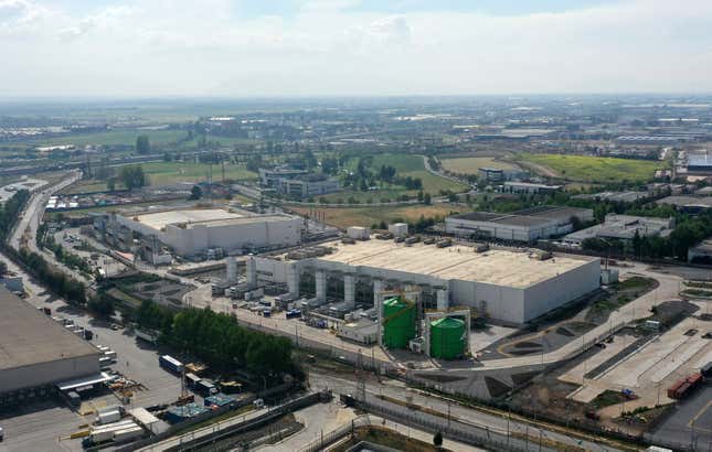 aerial view of Google data center with two green tanks outside