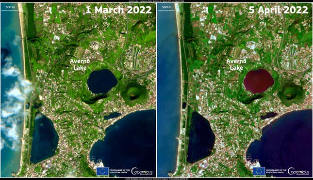 Lago d’Averno seen in satellite images one month apart.