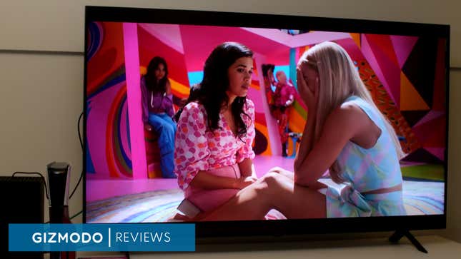 A scene from the Barbie Move shown on a LG QNED 90 T TV.