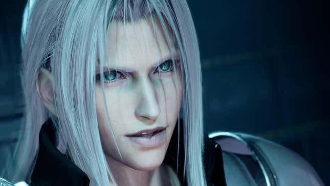 Sephiroth looks just off camera with a strange look on his face.