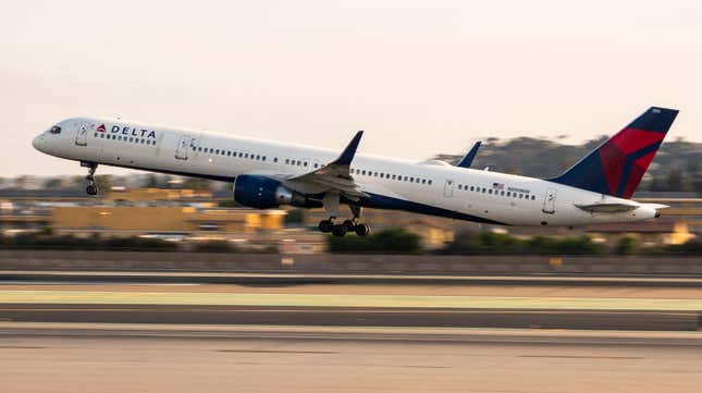 A Delta Airlines Boeing 757 departs from San Diego International Airport bound for Detroit on August 24, 2024 in San Diego, California.