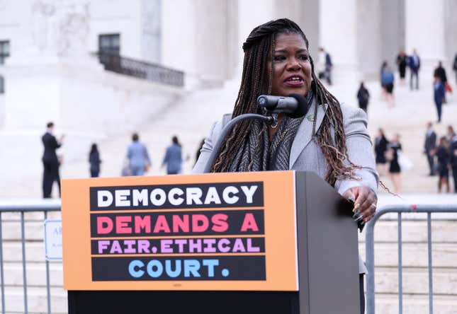 WASHINGTON, DC - JUNE 22: Rep. Cori Bush (D-MO) speaks at the “Just Majority” Supreme Court press conference on June 22, 2023 in Washington, DC.