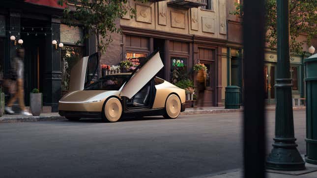 An image of the Tesla Cybercab with its doors open. 