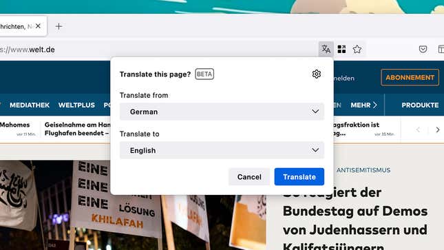 Translating pages in Firefox only takes a click.