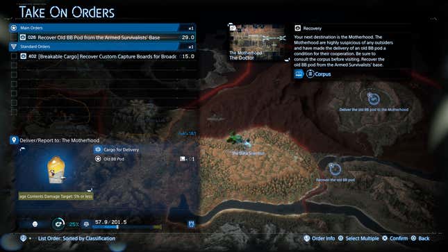The mission selection screen shows "The Motherhood" quest.