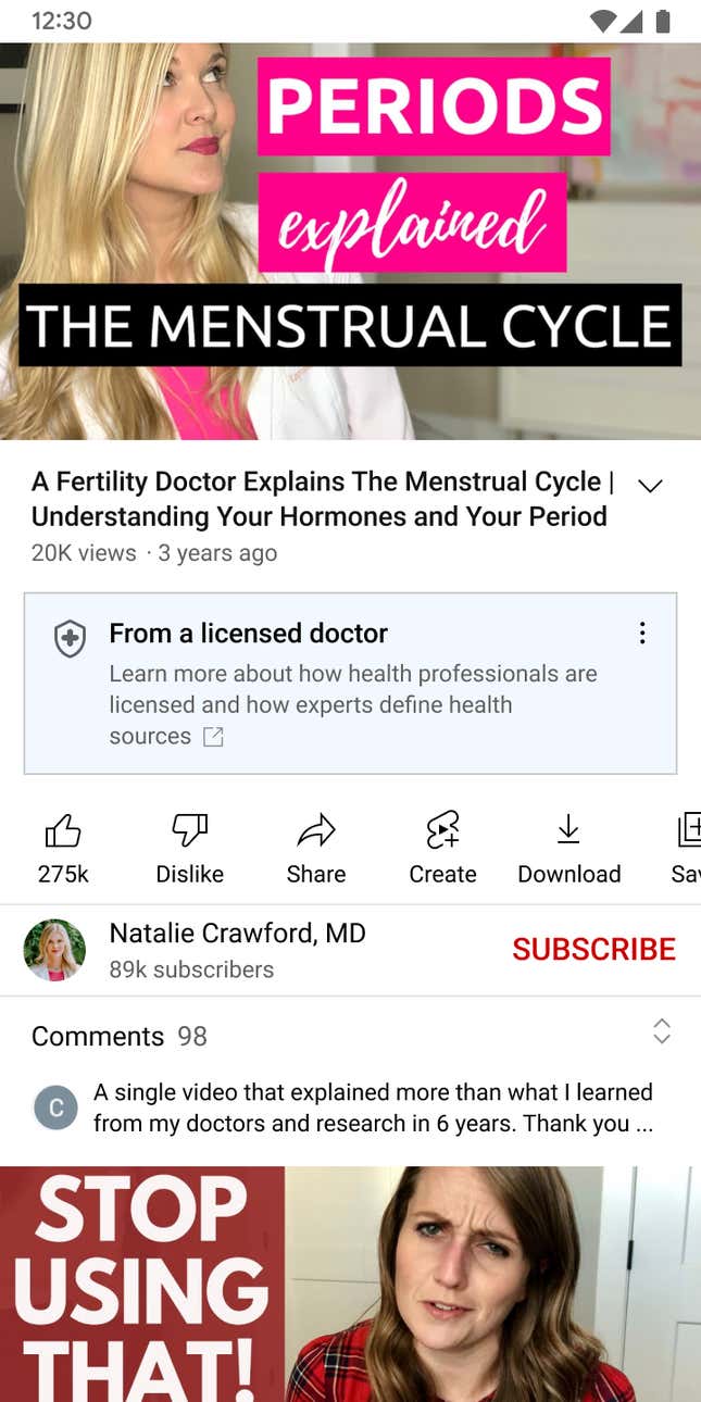 A label is shown under a YouTube video that states: "From a licensed doctor."