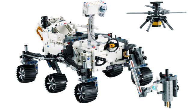 The Lego Mars Rover Perseverance with the Ingenuity helicopter floating next to it against a white background.