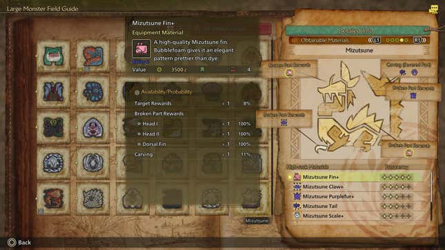 The Large Monster Field Guide screen, showing off Mizutsune’s different material drops.