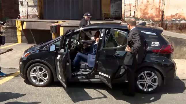 New York City Mayor Eric Adams gets into a city fleet vehicle equipped with intelligent speed assistance to demonstrate the technology on August 11.