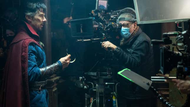 A camera operator films Benedict Cumberbatch as Doctor Strange.
