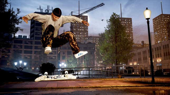 An image from Tony Hawk's Pro Skater 1+2 depicting a skateboarder doing a kickflip while streetskating in the dark.