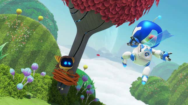 Astro Bot leaps toward a fellow bot tied to a tree who resembles Ratchet from Ratchet and Clank.