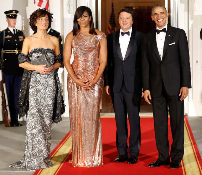 Italian first lady Agnese Landini, US first lady Michelle Obama, Italian prime minister Matteo Renzi, and US president Barack Obama.