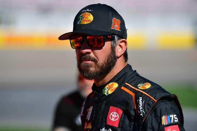 Oct 14, 2023; Las Vegas, Nevada, USA; NASCAR Cup Series driver Martin Truex Jr. (19) during qualifying for the South Point 400 at Las Vegas Motor Speedway.