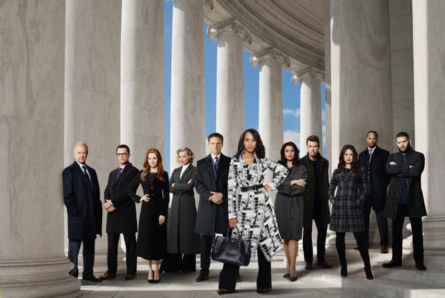 Walt Disney Television via Getty Images’s “Scandal” stars Jeff Perry, left; Joshua Malina, Darby Stanchfield, Portia de Rossi, Tony Goldwyn, Kerry Washington, Bellamy Young, Scott Foley, Katie Lowes, Cornelius Smith Jr., and Guillermo Diaz.