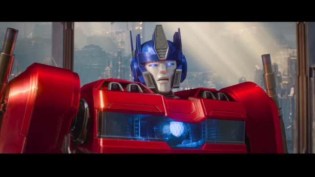 In one moment from Transformers One, Optimus Prime is seen with a glowing core in the center of his chest.