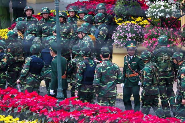 Vietnamese soldiers are seen at the Dong Dang railway station where North Korean leader Kim Jong Un is expected to arrive, at the border town with China in Dong Dang, Vietnam, February 25, 2019. REUTERS/Athit Perawongmetha - RC192B3E16F0
