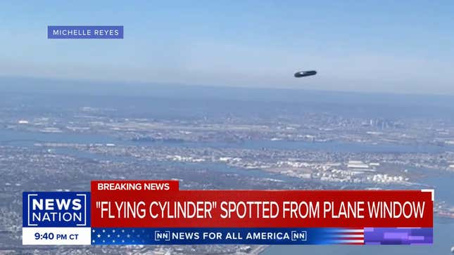 A still image of the "flying cylinder" that Michelle Reyes saw outside of the plane