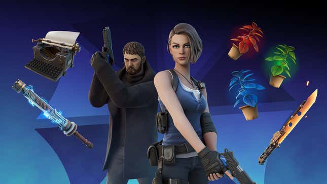 Resident Evil's Chris Redfield and Jill Valentine in Epic Games' Fortnite, holding guns and surrounded by items from the series. 