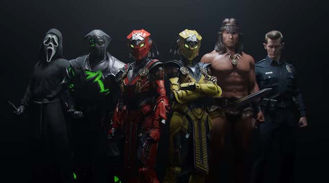 Mortal Kombat characters stand in a line. 