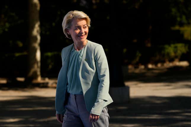 President of the European Commission, Ursula von der Leyen arrives at the Europe Summit in Granada, Spain, Thursday, Oct. 5, 2023. Some 50 European leaders are gathering in southern Spain&#39;s Granada on Thursday to stress that they stand by Ukraine, at a time when Western resolve appears somewhat weakened. Ukrainian President Volodymyr Zelenskyy will be there to hear it. (AP Photo/Manu Fernandez)