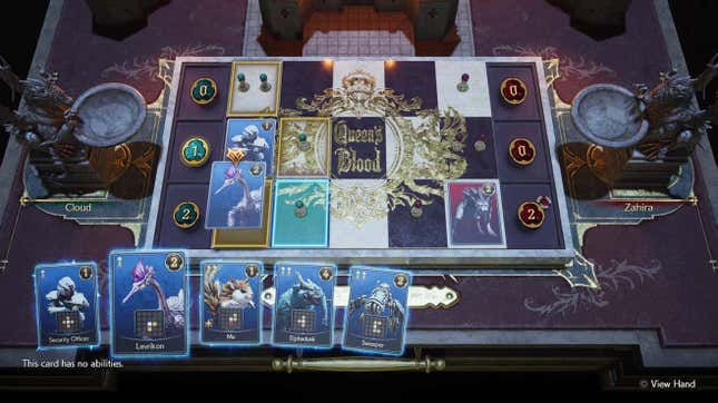A screenshot of Final Fantasy VII Rebirth shows a card game in play.