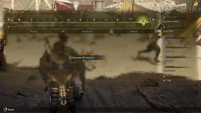 A screenshot shows Monster Hunter Wilds' party search screen.