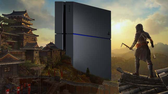 A screenshot of Assassin's Creed Shadows shows a giant PS4 in the hills near a temple.