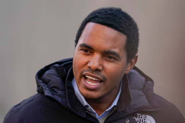 Rep. Ritchie Torres (D-N.Y.) speaks to reporters near the site of a fatal building fire in the Bronx borough of New York on Friday, Jan. 14, 2022. 