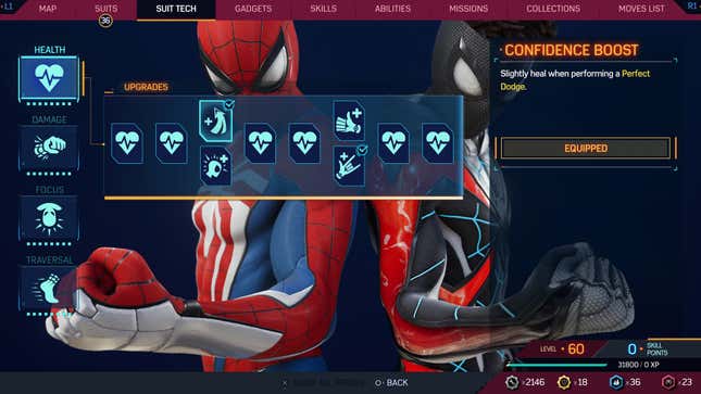 A screenshot shows Peter and Miles' suit tech tree. 