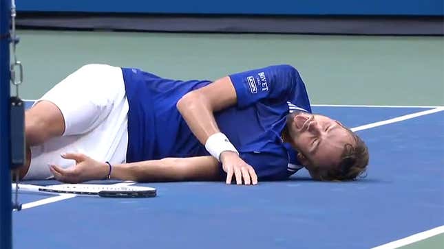 US Open champion Daniil Medvedev performs a FIFA celebration after winning