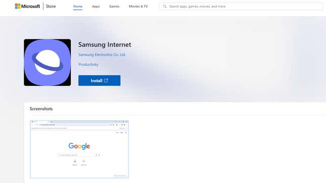 A screenshot of Microsoft Store Page showing Samsung Internet Availability