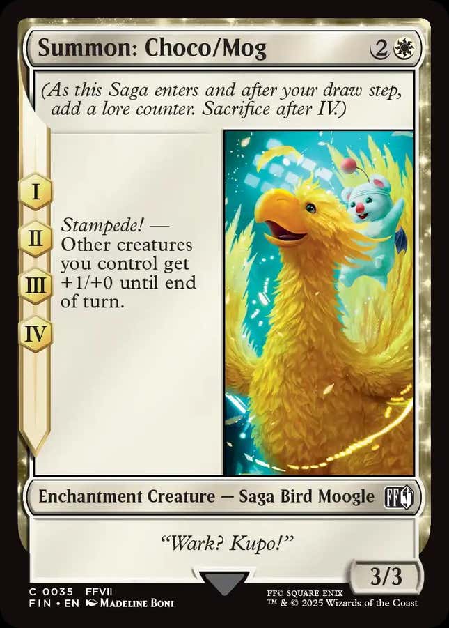 A Magic: the Gathering card shows a Chocobo and Mog.