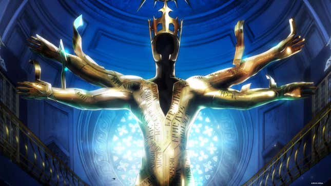 A golden statue with four arms and no face looms inside a blue building.