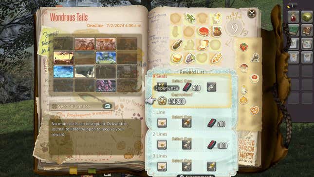 A screenshot of Final Fantasy 14 shows a journal with different rewards and stamps.