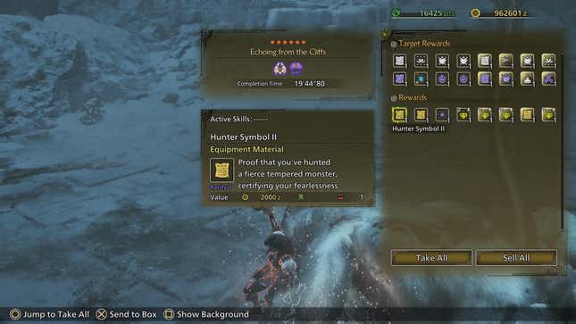 The rewards screen after finishing the Echoing from the Cliffs optional quest, highlighting a Hunter Symbol II.